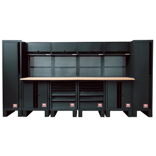 Facom RWS-7BS modular workshop storage system with black cabinets, drawers, and wood worktop, front view.
