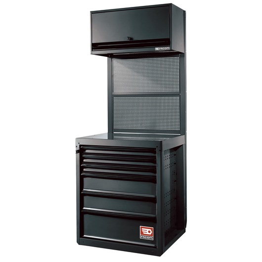 Facom RWS-CHSPPBS black tool storage cabinet with five drawers, perforated pegboard, and top storage compartment, front angle.