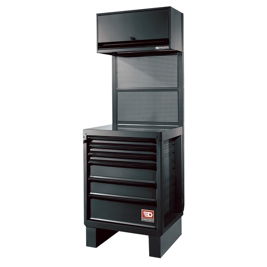 Photo of Facom RWS-CHSPPBS black modular tool storage cabinet with upper compartment and five drawers, front angle.