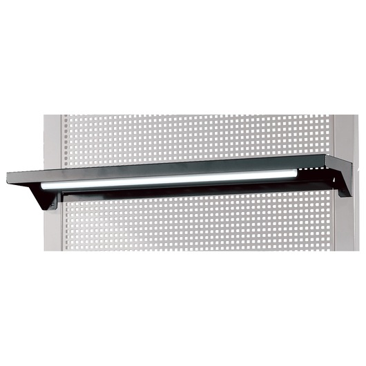 Facom RWS-LIGHTBS metal shelf with integrated light, front angle, mounted on perforated panel.