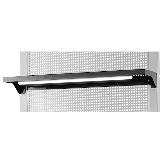 Facom RWS-LIGHT photography of black metal shelf with integrated LED light, front angle, mounted on perforated panel