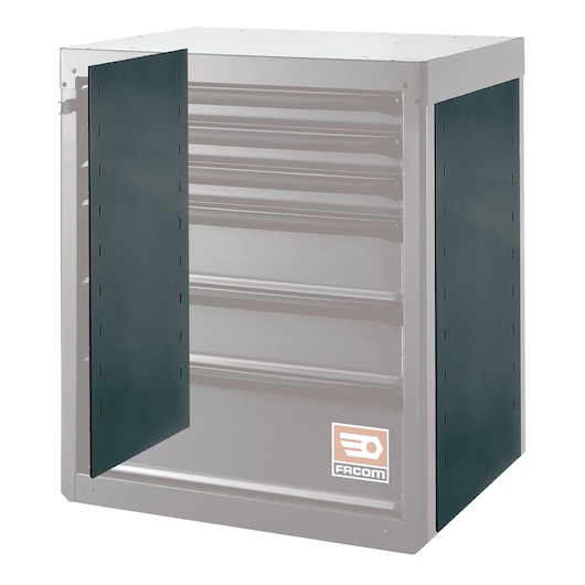 Facom RWS-MASKBS metal cabinet side panel, black, shown mounted on a tool chest, product photography, front angle.
