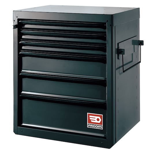 Facom RWS-MASKBS tool chest with five drawers, black steel, front angle view, Facom logo on lower drawer.