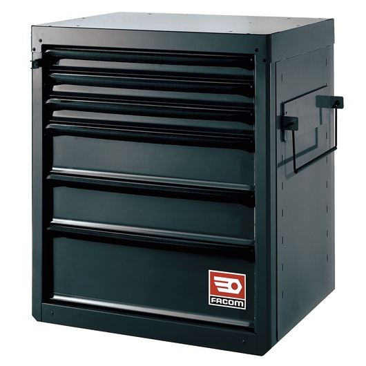 Facom RWS-MASKBS tool chest with five drawers, black steel, front angle view, Facom logo on lower drawer.