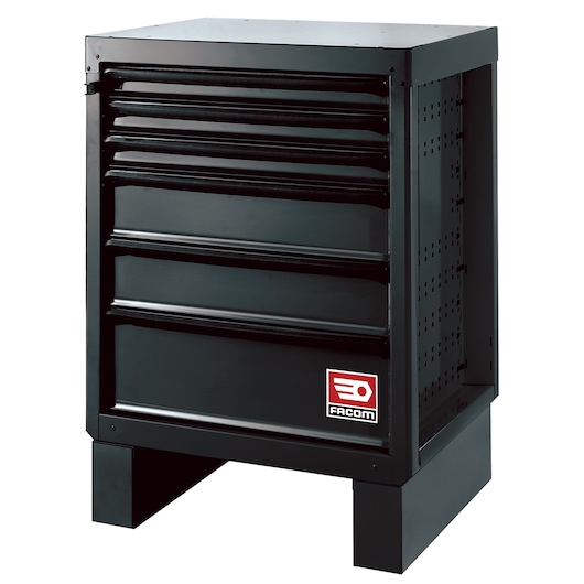 Facom RWS-MBS6TBS black steel tool cabinet with five drawers, product photo on white background, workshop storage.