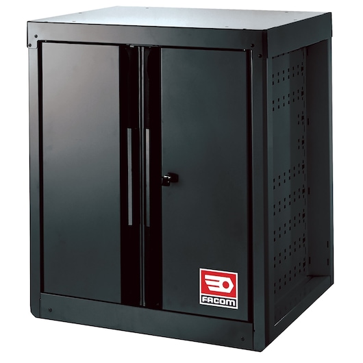 Facom RWS-MBSPPBS black metal storage cabinet, front angle, two doors, Facom logo visible.