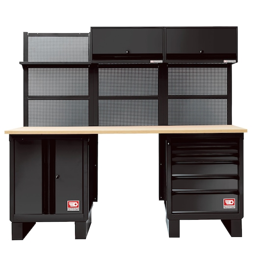 Facom RWS-PB3 black modular workbench with wood top, drawers, cabinets and overhead storage, front view.