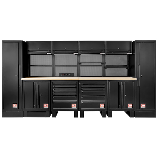 Facom RWS2-10BS workshop storage unit with black cabinets, drawers, wood top, front angle.