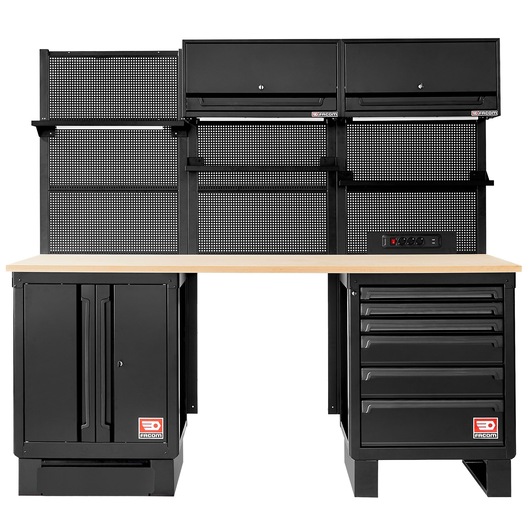 Facom RWS2-11BS workstation with black metal cabinets, pegboard back panels, and wood top, front angle.