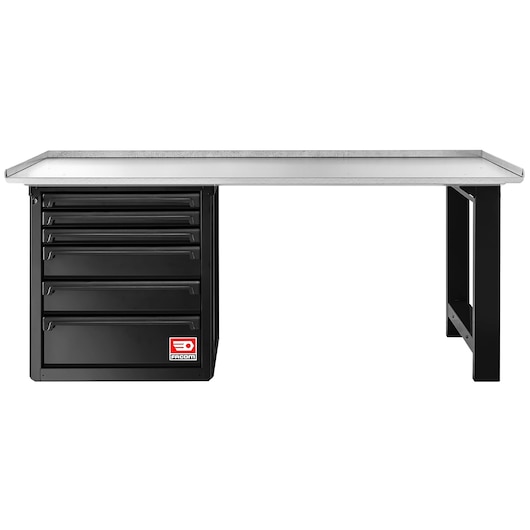 Facom RWS2-2MG6DBS workbench with six black drawers and metal top, front angle, photography.