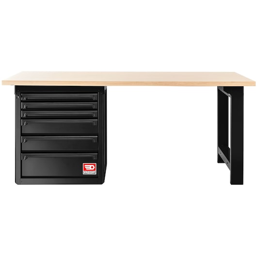 Facom RWS2-2MW6DBS workbench with wood top and black metal frame, front angle, six drawer cabinet.