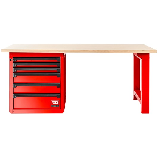Facom RWS2-2MW6D red workbench with six drawers, wooden top, front angle, photography.