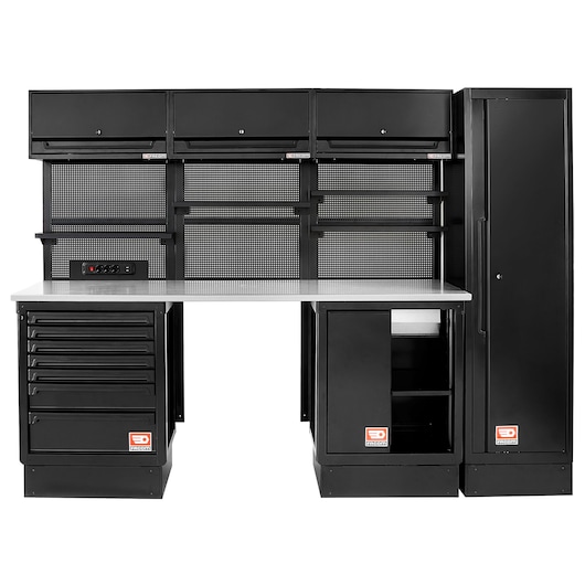 Facom RWS2-8BS black modular workstation with drawers, cabinets, pegboard, and a metal countertop, front angle.