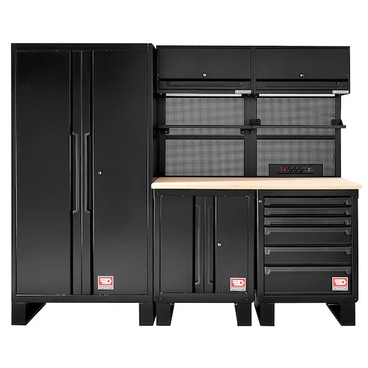 Facom RWS2-9BS black workshop storage system with cabinets, drawers, pegboards, and wood worktop, front view.