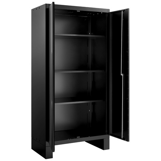 Facom RWS2-A1000PPBS black metal storage cabinet with four shelves, doors open, angled view.