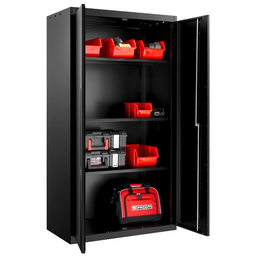 Facom RWS2-A1000PPBS storage cabinet with open doors, showing red bins, toolboxes, and a Facom tool bag.