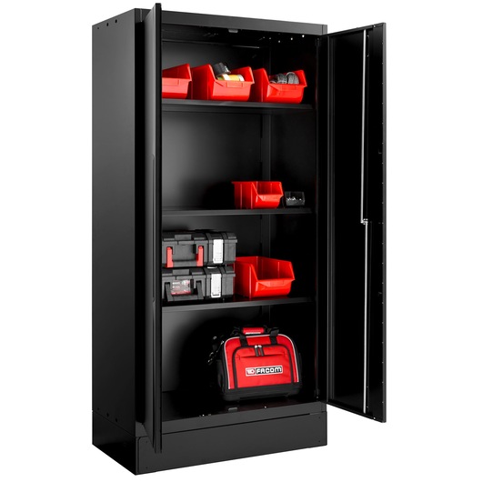 Facom RWS2-A1000PPBS black metal storage cabinet with open doors, red bins, and tool bag on shelves, front angle.