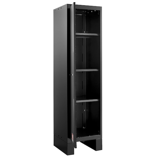 Facom RWS2-A500PPBS tall black metal storage cabinet with three shelves, open door, front angle.