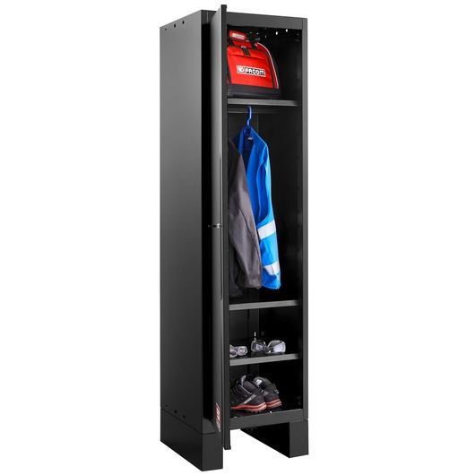 Facom RWS2-A500PPBS photography of black storage locker with shelves, hanging jacket, red tool bag, shoes.