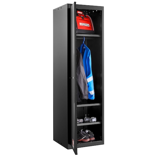 Facom RWS2-A500PPBS black storage locker with open door, shelves, hanging jacket, red tool bag, and shoes, front angle.