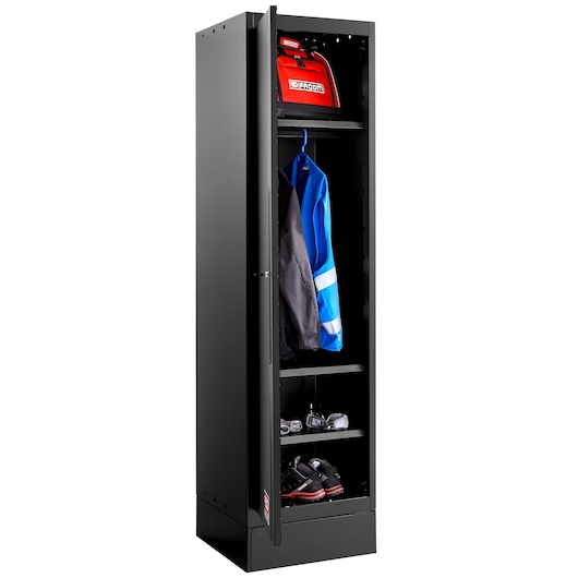 Facom RWS2-A500PPBS tall black metal locker with open door, showing shelves with a red bag, jacket, goggles, shoes, front angle.
