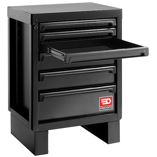 Facom RWS2-BASEMBS black metal tool cabinet with four drawers, front angle, top drawer open.