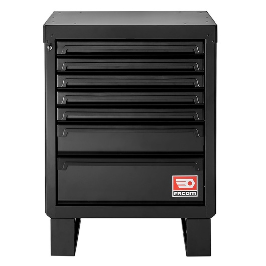 Photo of Facom RWS2-BASEMBS black metal tool cabinet with seven drawers, front view on white background.
