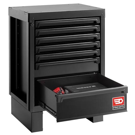 Facom RWS2-BASEMBS black tool cabinet with six drawers, one drawer open, photography, front angle.