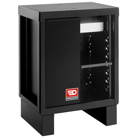 Facom RWS2-BASEMBS black metal storage cabinet with sliding door and adjustable shelf, front angle.