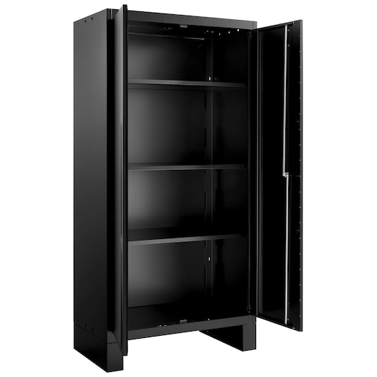 Facom RWS2-BASEMBS black metal storage cabinet with open double doors and three shelves, front angle, white background.