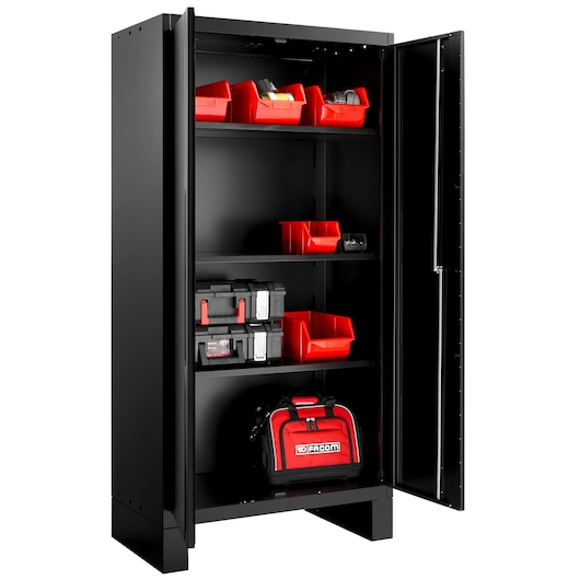Photo of Facom RWS2-BASEMBS storage cabinet with open doors, showing red bins, tool boxes, and a red Facom tool bag.