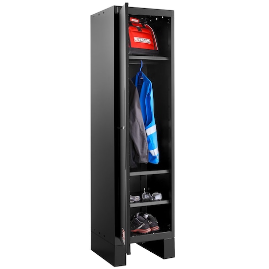 Facom RWS2-BASEMBS tall black storage locker with open door, showing shelves, hanging jacket, shoes, and red tool bag, front angle.