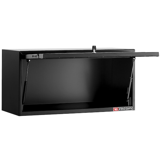 Photo of Facom RWS2-CHSPPBS black metal wall cabinet with lift-up door, shown open, workshop storage.