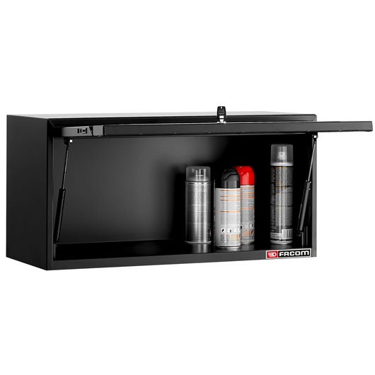 Facom RWS2-CHSPPBS black wall cabinet with lift-up door, containing four spray cans, front angle on white background.