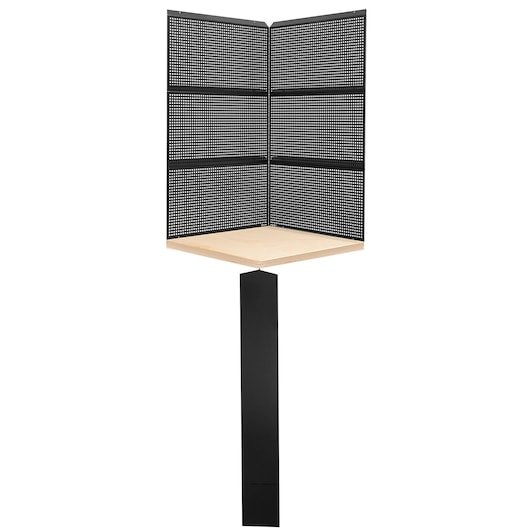 Facom RWS2-CSWBS workshop corner workstation with perforated black metal panels and wooden work surface, front angle.