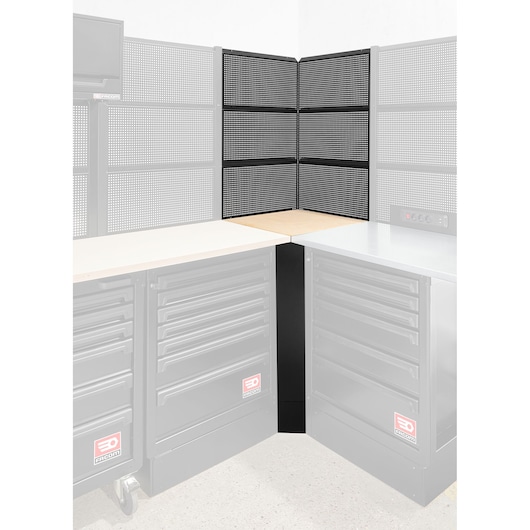 Facom RWS2-CSWBS black corner workbench connector with perforated panels and wood surface, front angle.