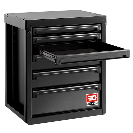Facom RWS2-MBS6TBS black tool chest with open drawer, photography, angled on white background.