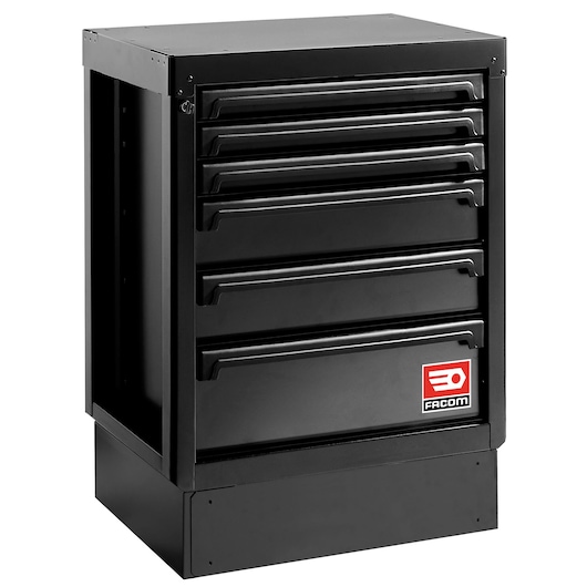 Facom RWS2-MBS6TBS black metal tool cabinet with six drawers, angled front view on white background.