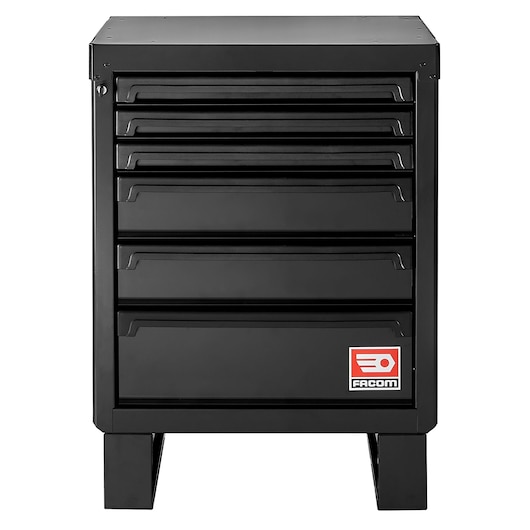Front view photo of Facom RWS2-MBS6TBS black metal tool cabinet with six drawers, Facom logo visible.