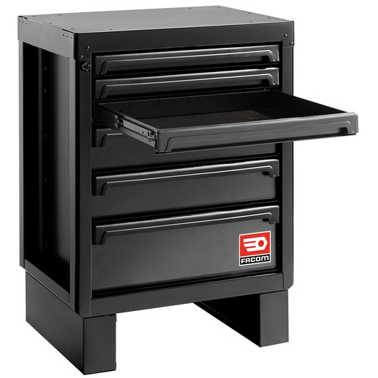 Facom RWS2-MBS6TBS black metal tool cabinet with four drawers, one drawer open, front angle on white.