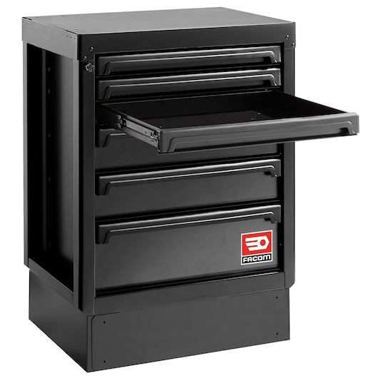 Facom RWS2-MBS6TBS black metal tool cabinet with drawer open, photography, front angle.