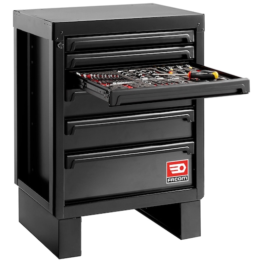 Facom RWS2-MBS6TBS black tool chest with open top drawer showing assorted hand tools, front angle on white background.