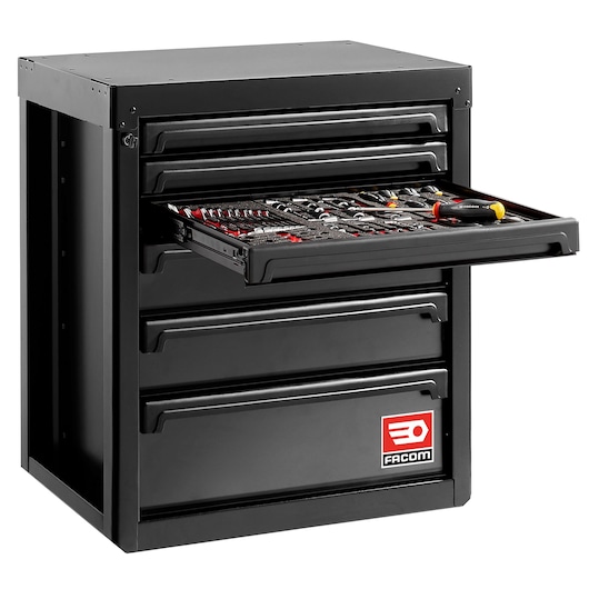 Facom black tool chest with open drawer showing assorted tools, front angle, RWS2-MBS6TBS.