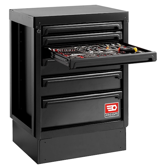 Facom RWS2-MBS6TBS tool chest with open top drawer showing organized tools, black finish, front angle.