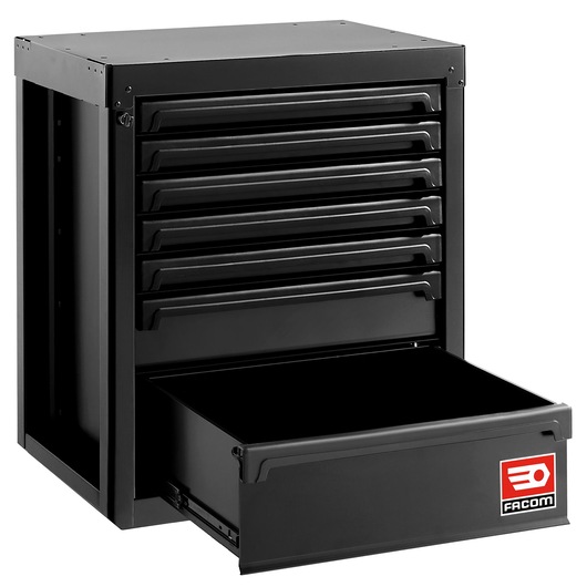Facom black tool chest RWS2-MBS7TBS with seven drawers, front angle, lower drawer open, white background.