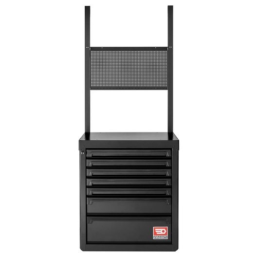 Photo of Facom RWS2-MBS7TBS black tool chest with seven drawers and top pegboard, front angle on white background.
