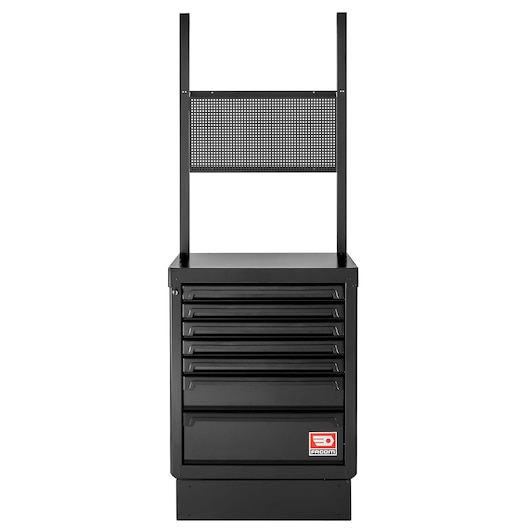 Facom RWS2-MBS7TBS black tool chest with seven drawers and pegboard, straight-on angle.