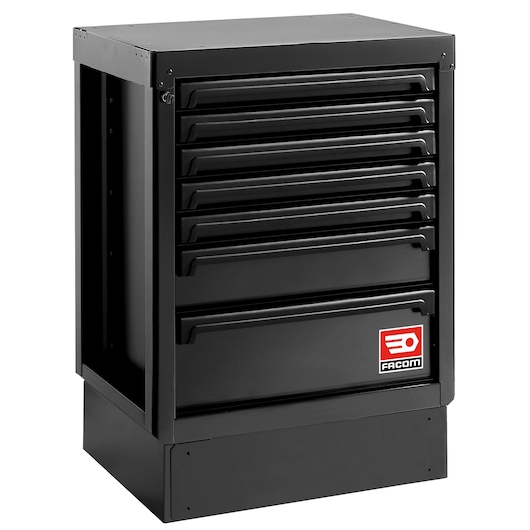 Facom RWS2-MBS7TBS black tool cabinet with seven drawers, front angle, Facom logo displayed.