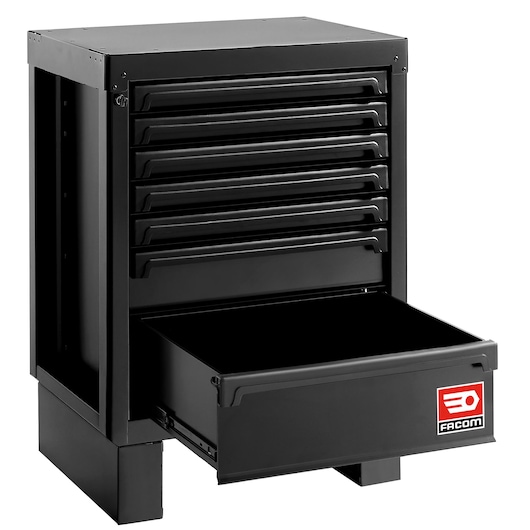 Facom tool chest RWS2-MBS7TBS, black, seven drawers, front angle with bottom drawer open.