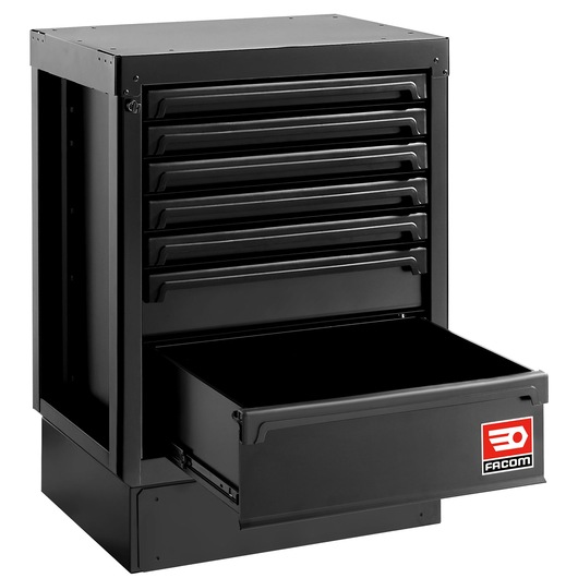 Facom RWS2-MBS7TBS black tool chest with seven drawers, one open, white background, front angle.